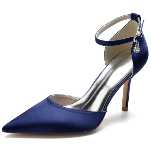 RBQIZVW Damen Pumps - Spitzzehen Stilettos High Heels | Brautschuhe mit Verstellbarer Schnalle Lackschuhe 8,5 cm,Dark Blue,39 von RBQIZVW