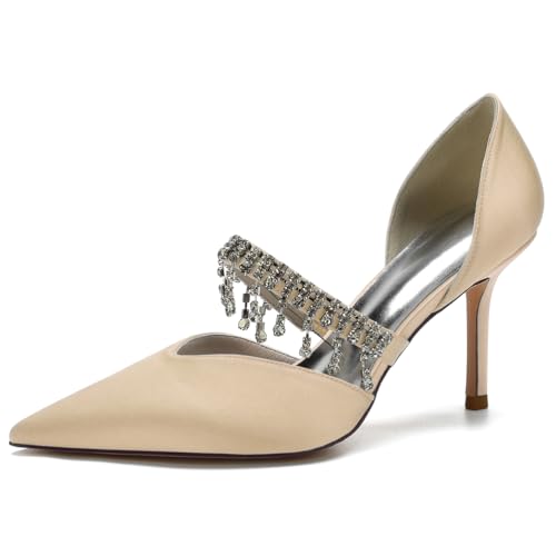 RBQIZVW Damen Pumps Stilettoabsatz Spitzenzehe Strassbesatz Satin Hochzeit & Party Geschlossene Zehe Slip-On Absatzsandalen 8,5 cm,Champagne,42 von RBQIZVW