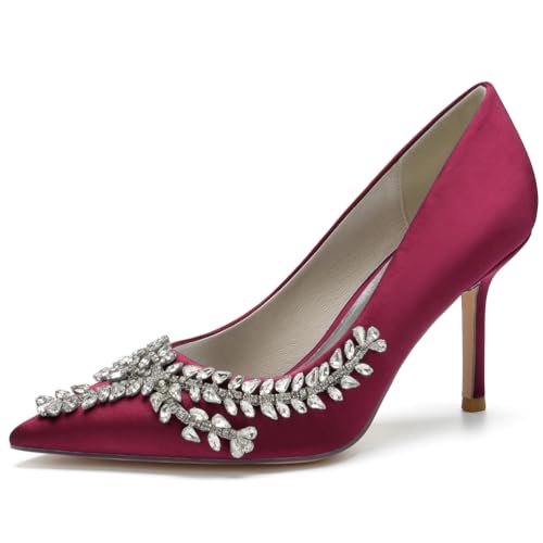 RBQIZVW Damen Pumps mit hohen Absätzen und Strass Verzierungen, Kitten Heel Court Schuhe, Bequeme Große Größen Schuhe für Hochzeit,Wine red,36 von RBQIZVW