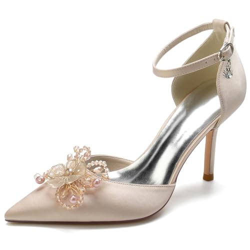 RBQIZVW Elegante Brautschuhe mit Kitten-Absatz Schnalle Elfenbeinfarbe Komfortable Geschlossene Zehen Braut Court Schuhe aus Spitze,Champagne,37 von RBQIZVW