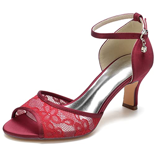 RBQIZVW Hochhackenschuhe für Frauen, Pumps mit dickem Absatz und Schnalle, Satin-Sandalen für Hochzeit, Brautparty, Abendveranstaltung,Burgundy,42 von RBQIZVW