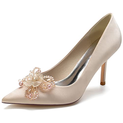 RBQIZVW Hochzeitsschuhe für Frauen, Brautschuhe mit hohem Absatz und spitzer Zehenform, Satin-Pumps mit Kitten-Absatz für Ball/Party/Kleider,Champagne,41 von RBQIZVW
