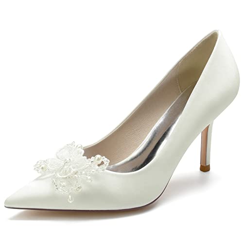 RBQIZVW Hochzeitsschuhe für Frauen, Brautschuhe mit hohem Absatz und spitzer Zehenform, Satin-Pumps mit Kitten-Absatz für Ball/Party/Kleider,Elfenbein,38 von RBQIZVW