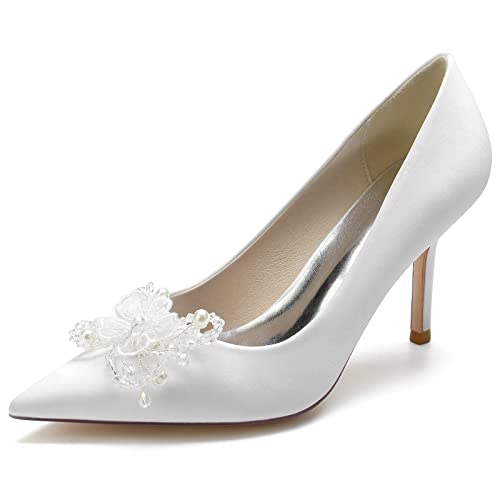 RBQIZVW Hochzeitsschuhe für Frauen, Brautschuhe mit hohem Absatz und spitzer Zehenform, Satin-Pumps mit Kitten-Absatz für Ball/Party/Kleider,Weiß,42 von RBQIZVW