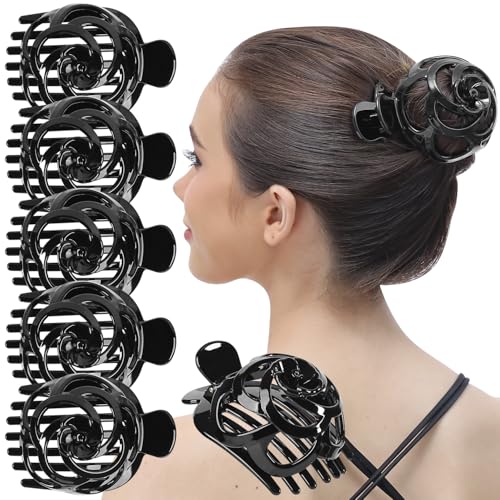 RC ROCHE 6 Stück Oktopus Dutt Rund Haarspange Haarklammer Fester Halt Haarkrallen Rutschfest für Damen Dickes Haar Haargreifer Clip Set Vogelnest, Groß Schwarz von RC ROCHE ORNAMENT