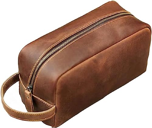 RC ROCKCOW Personalisierte Leder Kulturbeutel für Männer Reise Rasieren Dopp Kit-Große Kosmetiktaschen Toilettenartikel Badezimmer Organizer, Braun, Large von RC ROCKCOW