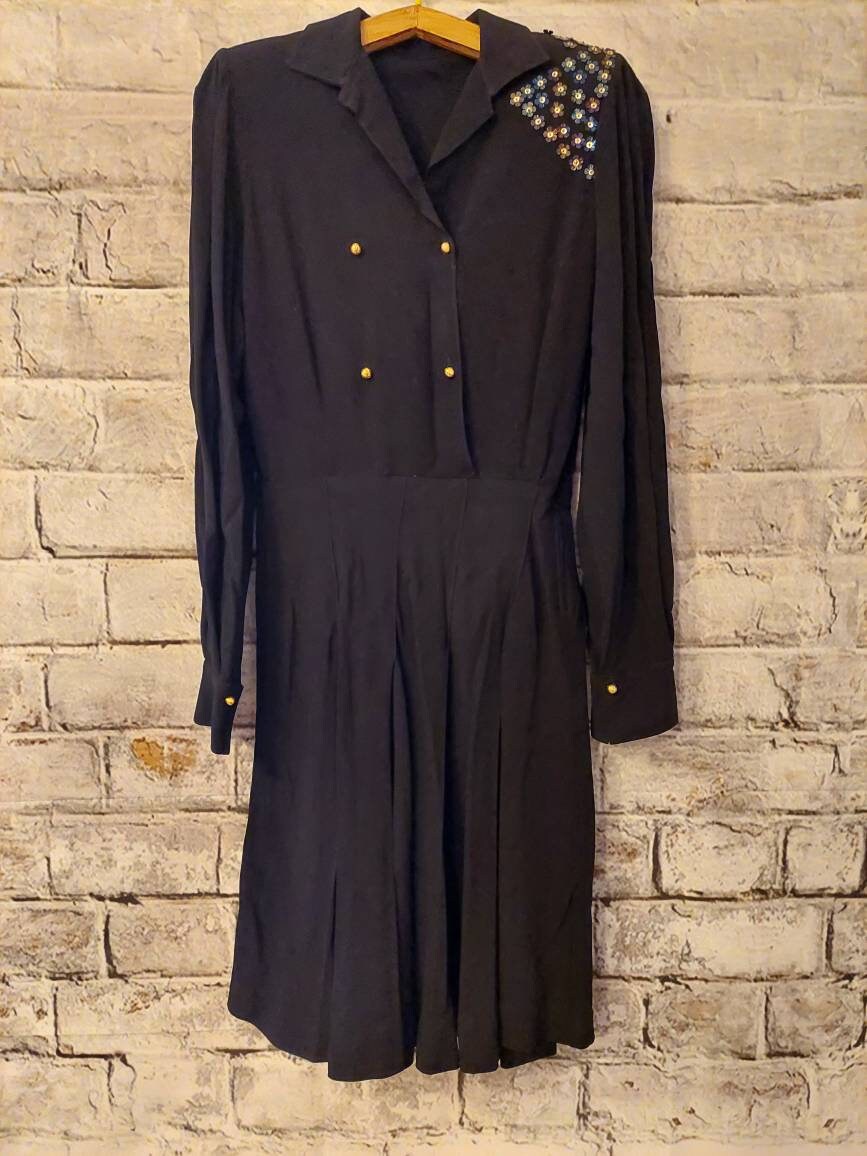 Vintage 80Er Jahre Chemise Kleid Goldene Knöpfe & Pailletten, Gr. M von RCClo