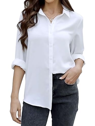 RCL Damen Button-Down-Shirts, langärmelig, Blusen, lässiger Kragen, Chiffon-Kleid, Hemden, V-Ausschnitt, Tops, Büro, Arbeitshemden, Reines Weiß, Mittel von RCL