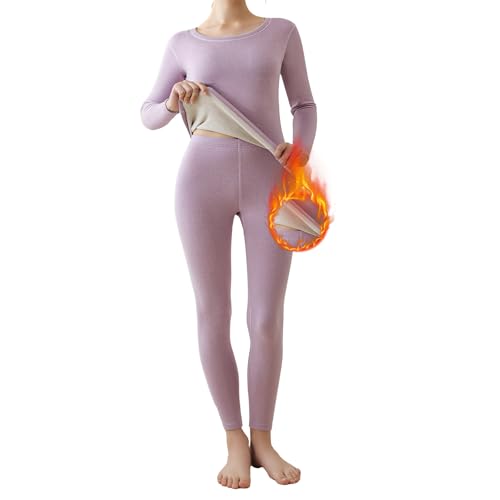 RCLONGEU Thermounterwäsche Damen 2er Set, Warme Unterwäsche mit Innenfleece, Ultraleicht Unterteil und Oberteil lang Funktionsunterwäsche (Lila,XL) von RCLONGEU