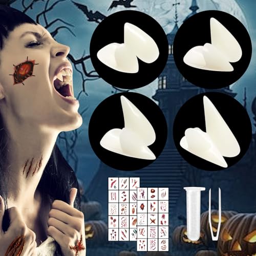 4 Paar Halloween Vampirzähne, 4 Größen Vampir Zähne Reißzähne mit 1 Rohr Pellets Klebstoff und Halloween Narben Tattoo, Vampirzähne für Kinder Erwachsene Halloween Cosplay Party Requisiten von RCYHCY