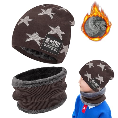 RCYHCY Kinder Wintermütze, Kinder Winter Warm Beanie Mütze und Mütze Loop Schal Set, für 5-15 Jahre Jungen Mädchen, Beanie Mütze und Schlauchschal Set mit Fleece Gefütterte, Geschenk Kinder von RCYHCY