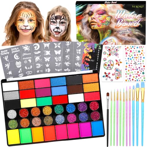 RDDAIPE Kinderschminke Set, 42 Farben Kinderschminken Set, Gesichtsfarben Kinderschminken mit 40 Schablonen, 11 Pinsel, 2 Strasssteine, Kinder Schminken Set für Halloween Karneval Fasching von RDDAIPE