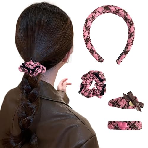 RDWESZOD Bow Scrunchies für Haare, 4Pcs Scrunchies&Bang Clips, Preppy Vintage Plaid Bow mit Band Scrunchie, Haarzubehör für Mädchen (Pink) von RDWESZOD