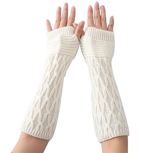 RDWESZOD Damen Winter Lange Warme Strick Armstulpen Handschuhe Fäustlinge (Weiß-B) von RDWESZOD