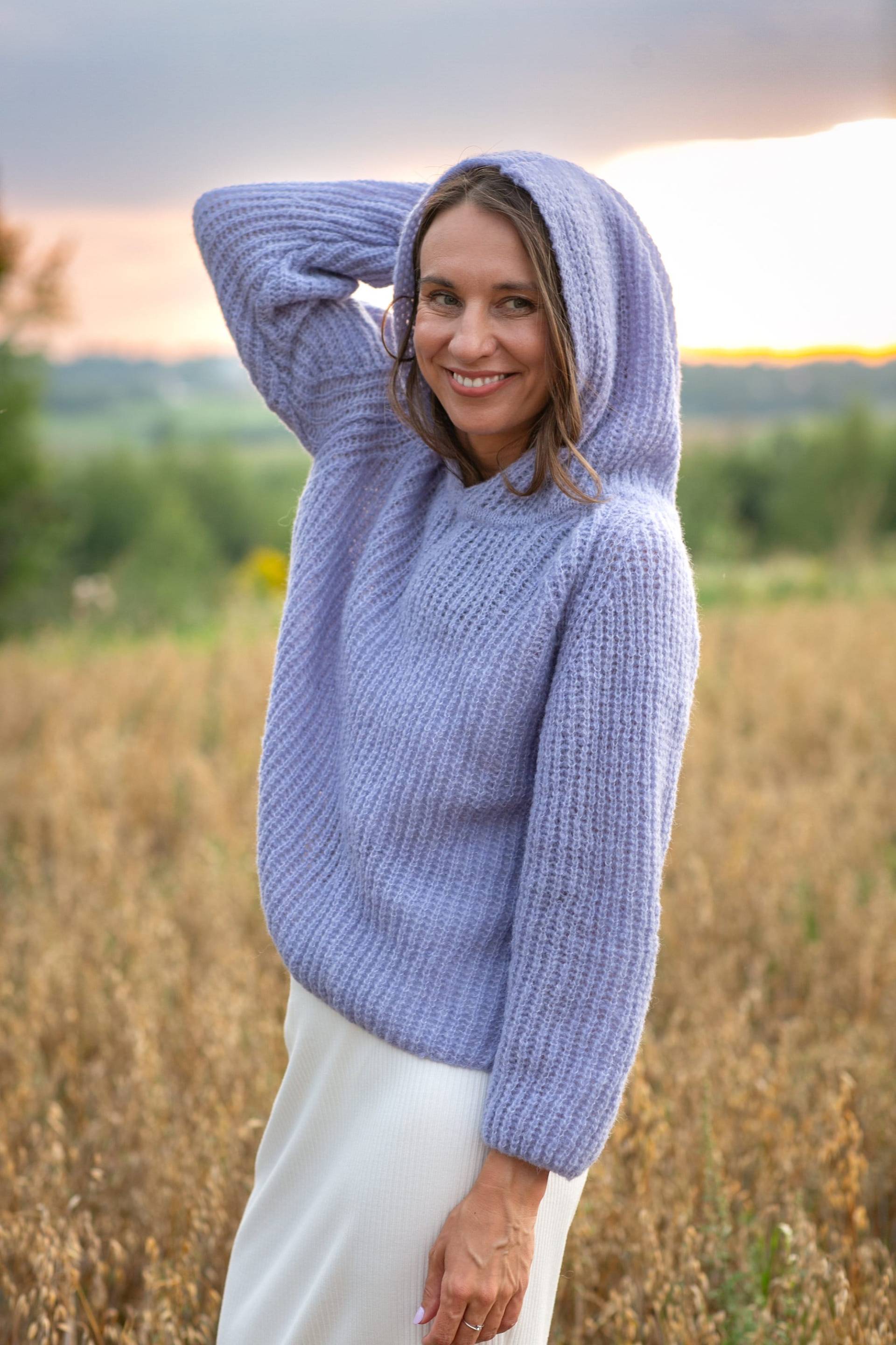 Handgemachter Alpaka Seide Hoodie Lavendel Strickjacke von RDesignStore