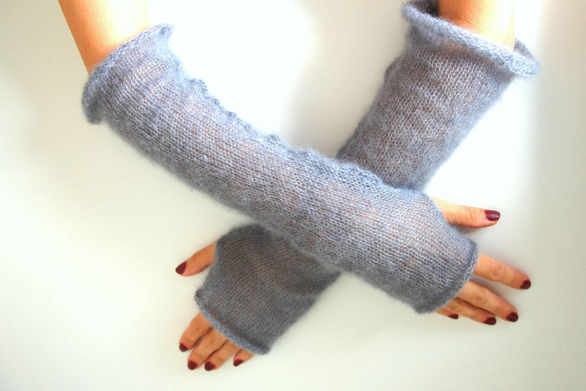 Mohair Seide Fingerlose Handschuhe Graue Handgenähte Daumenlöcher von RDesignStore