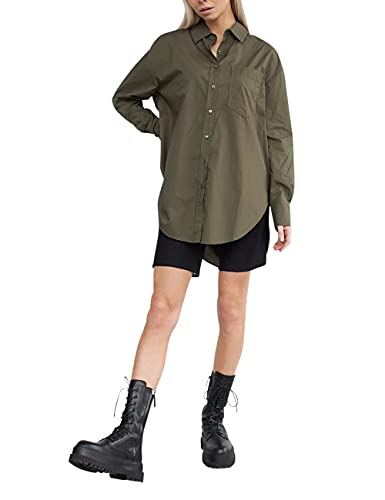 RE-ZO Damen Oversize Bluse Shirt Vokuhila Langarm Hemd Oberteil Baumwolle, Farbe:Grün, Größe:M von RE-ZO