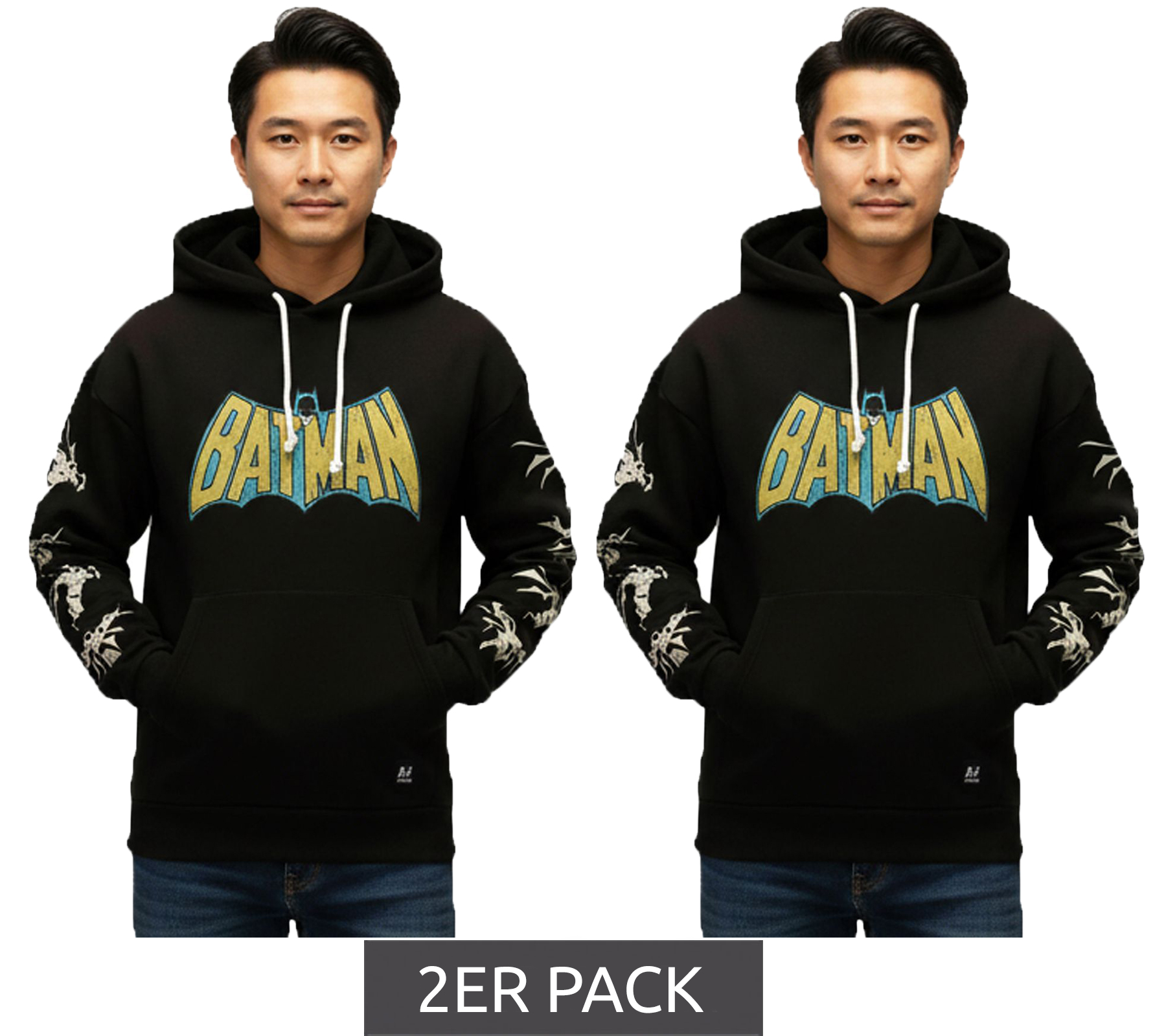 2er Sparpack RE:COVERED X DC Herren Kapuzen-Pullover mit BATMAN Logo Baumwoll-Hoody Langarm-Shirt RCWARN554 Schwarz von RE:COVERED