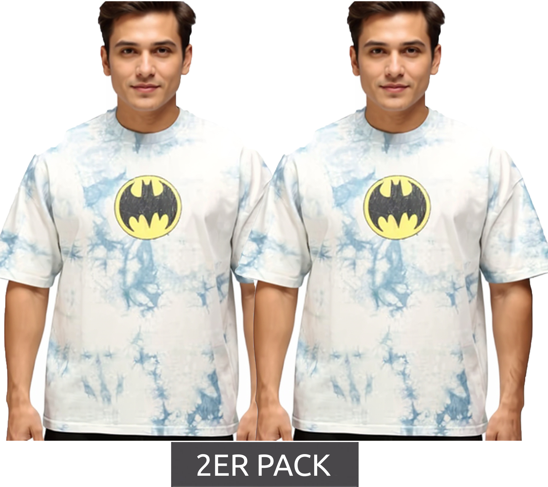 2er Sparpack RE:COVERED X DC Herren T-Shirt BATMAN Split Baumwoll-Shirt im Batik-Design Rundhals-Shirt RCWARN553 Grau von RE:COVERED