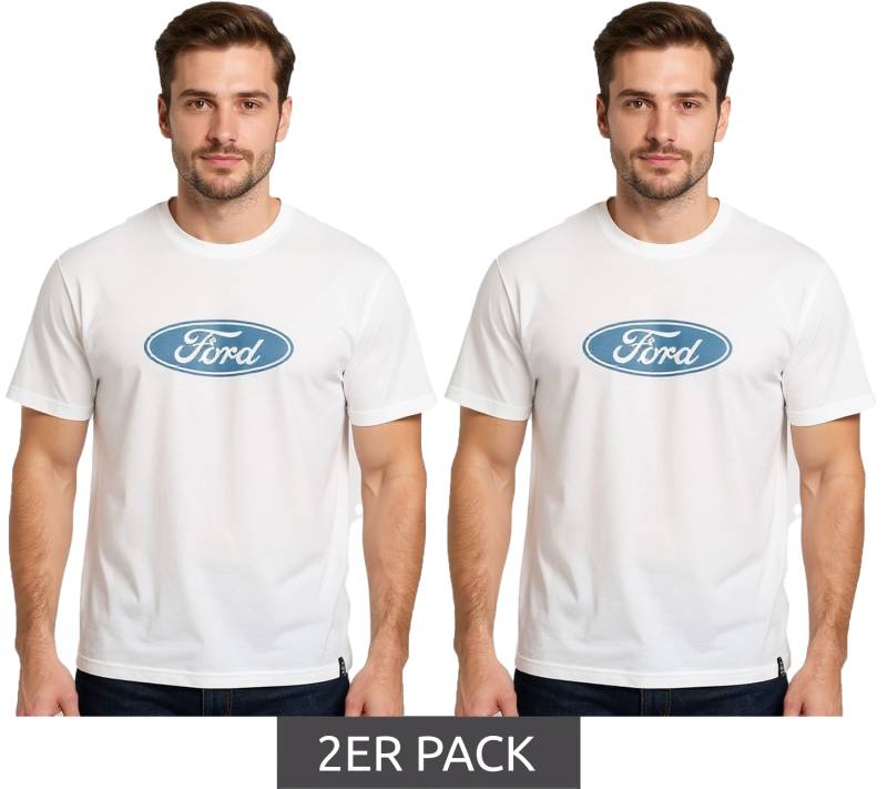 2er Sparpack RE:COVERED X FORD Herren T-Shirt mit Ford Torino-Print Baumwoll-Shirt Rundhals-Shirt RCFRD504 Ecru-Weiß von RE:COVERED