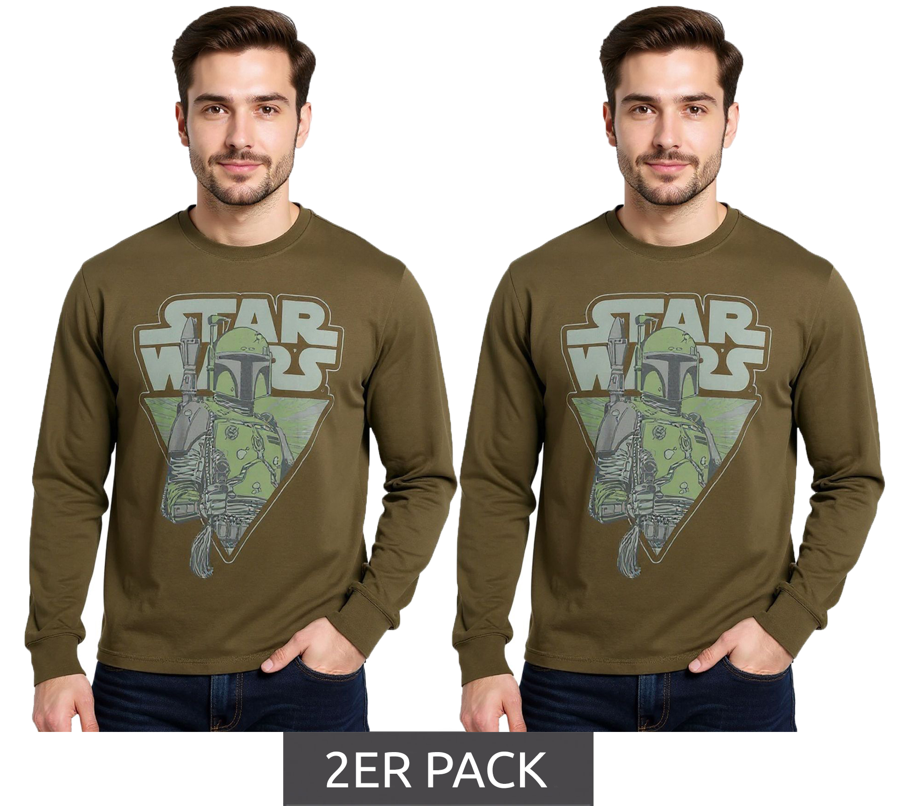 2er Sparpack RE:COVERED X STAR WARS Herren Langarm-Shirt Mandalorian Print Baumwoll-Pullover Rundhals-Shirt RCDIF2046 Khaki von RE:COVERED
