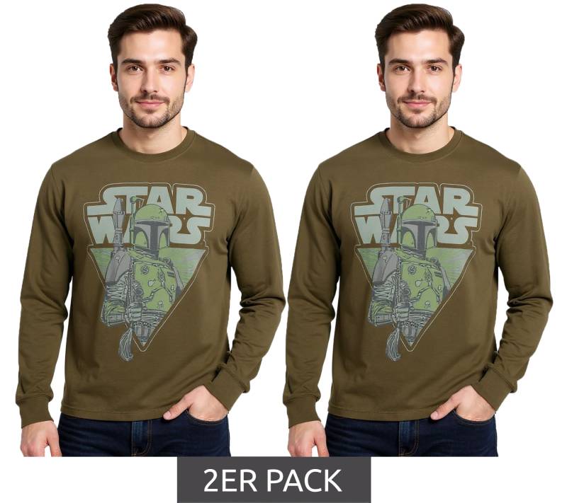 2er Sparpack RE:COVERED X STAR WARS Herren Langarm-Shirt Mandalorian Print Baumwoll-Pullover Rundhals-Shirt RCDIF2046 Khaki von RE:COVERED