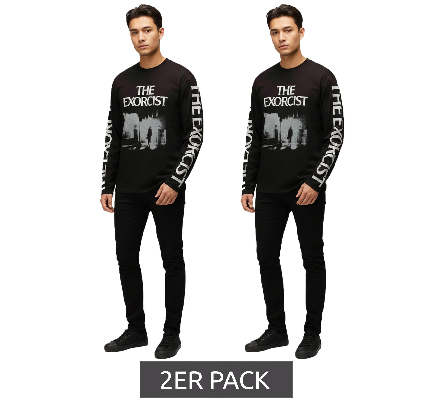 2er Sparpack RE:COVERED X THE EXORCIST FILM Herren Shirt mit Foto-Print langärmliges Baumwoll-Shirt Rundhals-Shirt RCWARN560 Schwarz von RE:COVERED