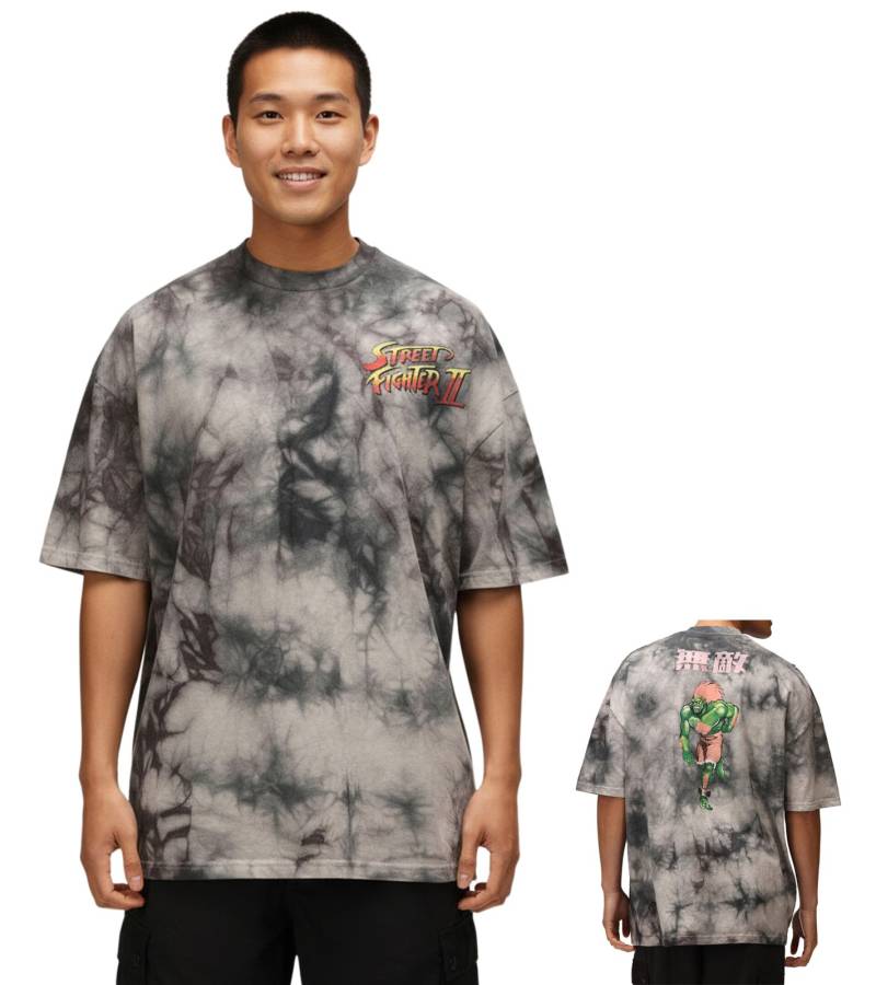 RE:COVERED X CAPCOM Herren T-Shirt mit Street Fighter Blanka-Print Baumwoll-Shirt Rundhals-Shirt MMDIF1880 Grau von RE:COVERED