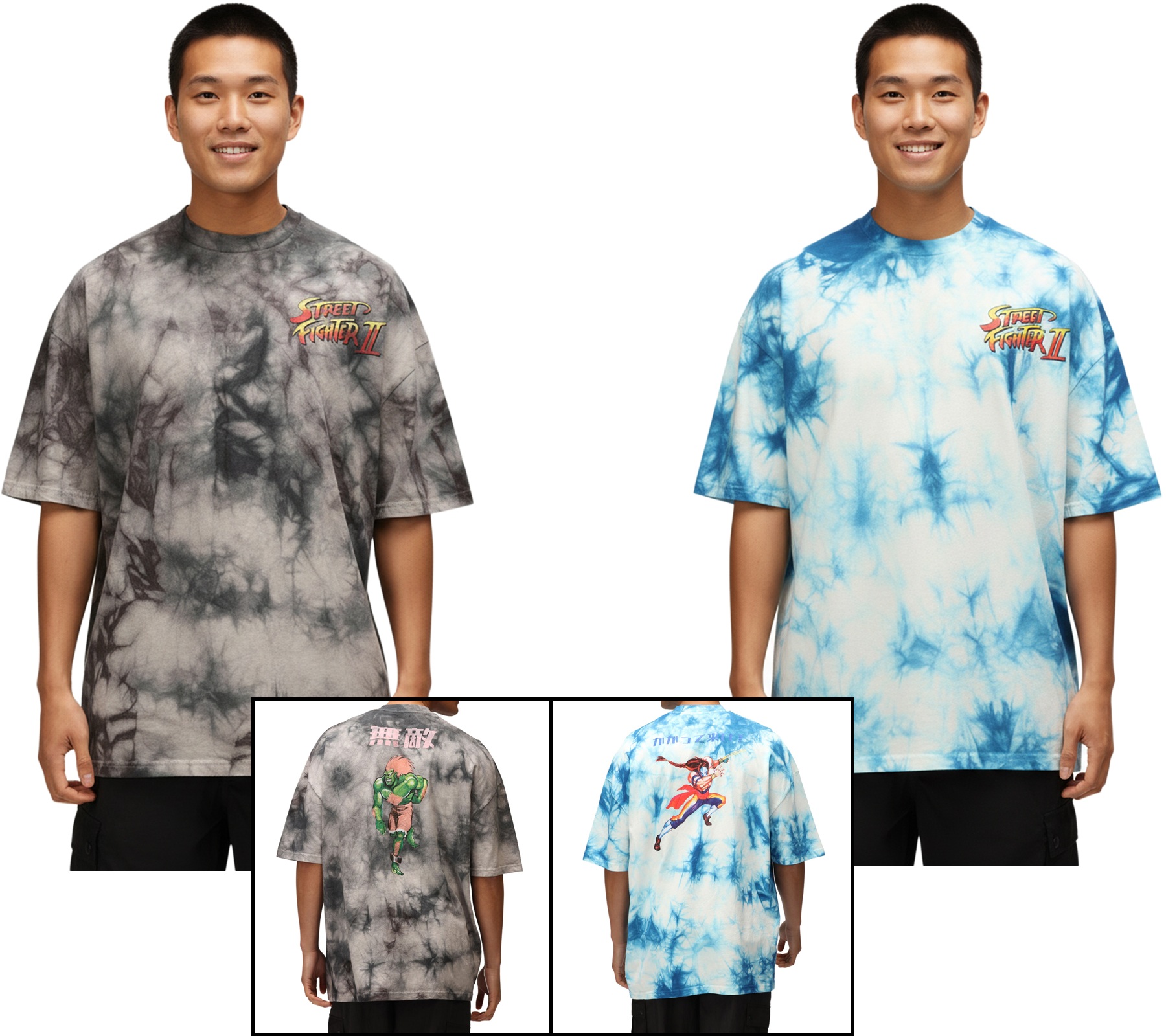 RE:COVERED X CAPCOM Herren T-Shirt mit Street Fighter-Print Baumwoll-Shirt Rundhals-Shirt in Grau mit Blanka oder in Blau mit Vega von RE:COVERED