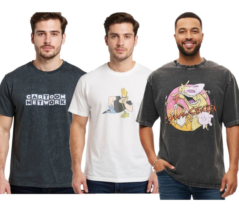 RE:COVERED X Cartoon Network Herren T-Shirt mit Comic Print Baumwoll-Shirt Rundhals-Shirt Grau oder Weiß von RE:COVERED