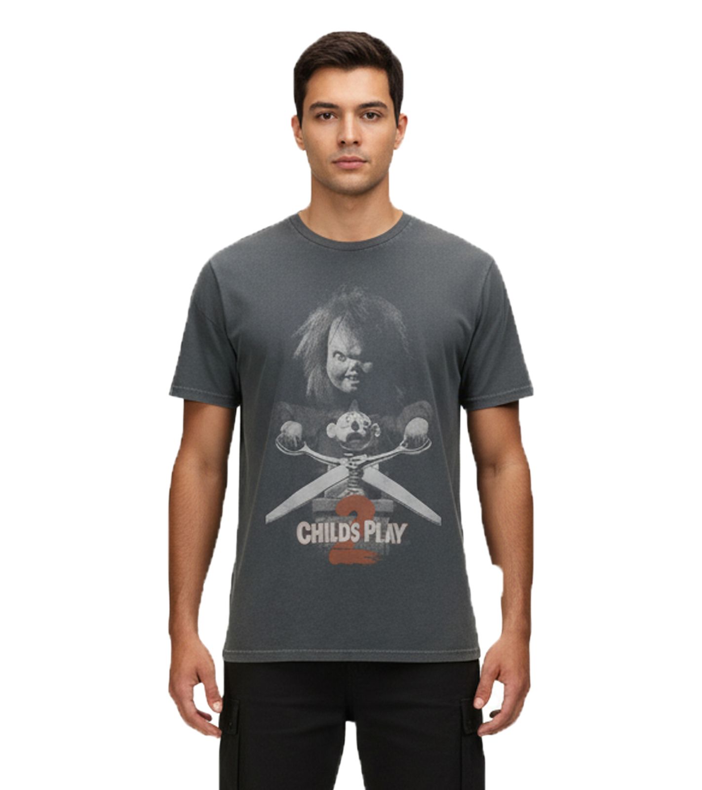 RE:COVERED X Chucky 2 Child's Play Herren T-Shirt mit Puppen-Print Baumwoll-Shirt Rundhals-Shirt RCUNV2572 Grau von RE:COVERED