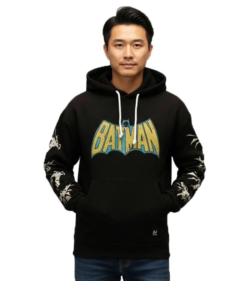 RE:COVERED X DC Herren Kapuzen-Pullover mit BATMAN Logo Baumwoll-Hoody Langarm-Shirt RCWARN554 Schwarz von RE:COVERED