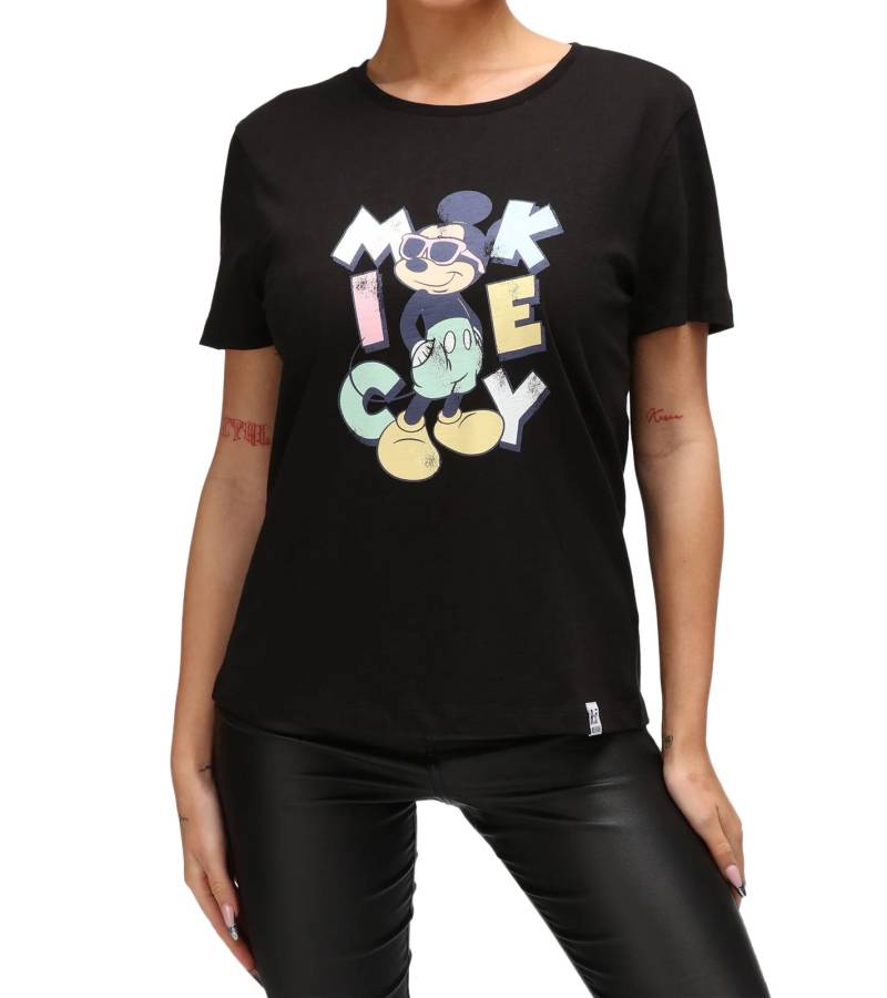 RE:COVERED X Disney Damen T-Shirt mit Mickey Mouse Print in Pastelfarben Baumwoll-Shirt Rundhals-Shirt Kurzarm-Shirt RCDIF2070 Schwarz von RE:COVERED