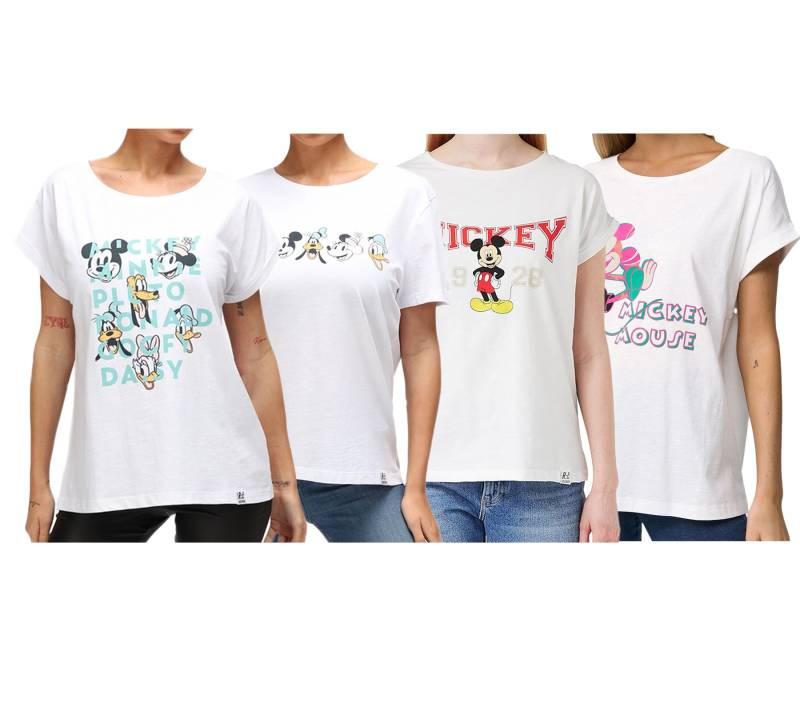 RE:COVERED X Disney Damen T-Shirt mit Mickey Mouse and Friends oder Mickey Mouse 1928 Aufdruck Baumwoll-Shirt Rundhals-Shirt Weiß von RE:COVERED