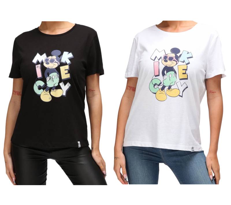 RE:COVERED X Disney Damen nachhaltiges T-Shirt mit Mickey Mouse Aufdruck in Pastell-Farben Baumwoll-Shirt Rundhals-Shirt RCDIF207 Weiß oder Schwarz von RE:COVERED