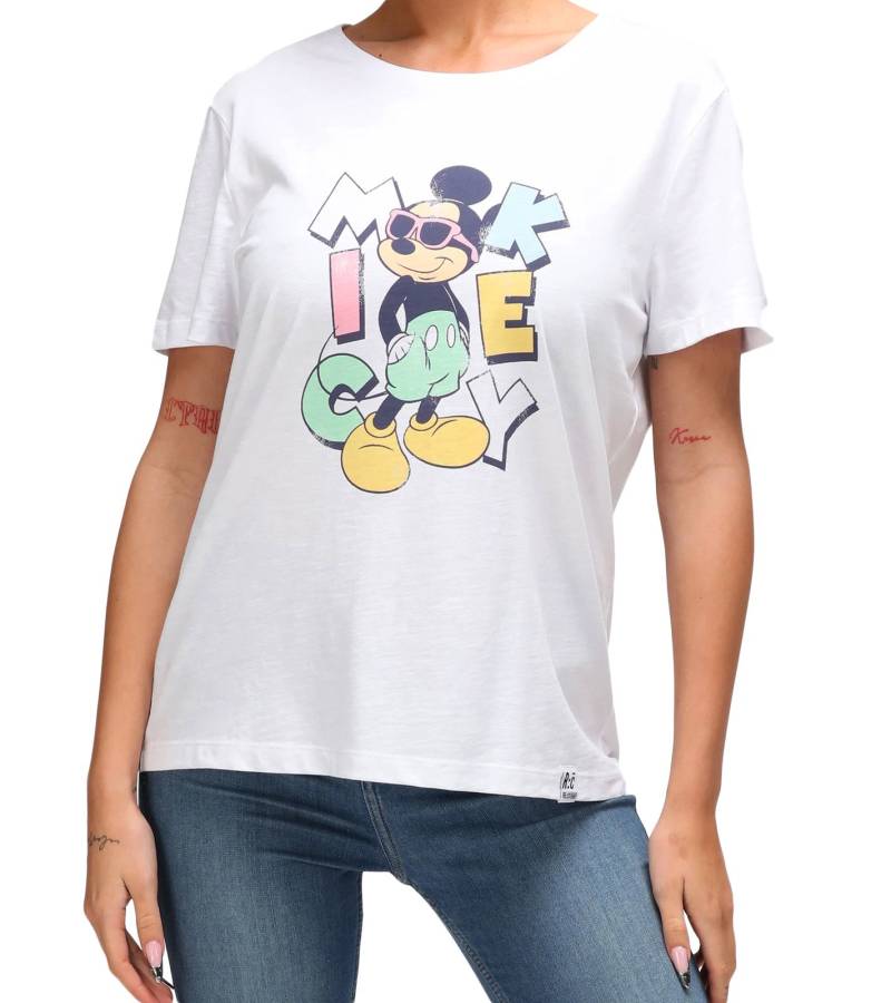 RE:COVERED X Disney Damen nachhaltiges T-Shirt mit Mickey Mouse Aufdruck in Pastell-Farben Baumwoll-Shirt Rundhals-Shirt RCDIF2072 Weiß von RE:COVERED