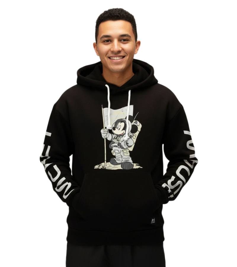 RE:COVERED X Disney Herren Kapuzen-Pullover mit Mickey Mouse-Print Baumwoll-Hoody Langarm-Shirt RCDIF2049 Schwarz von RE:COVERED