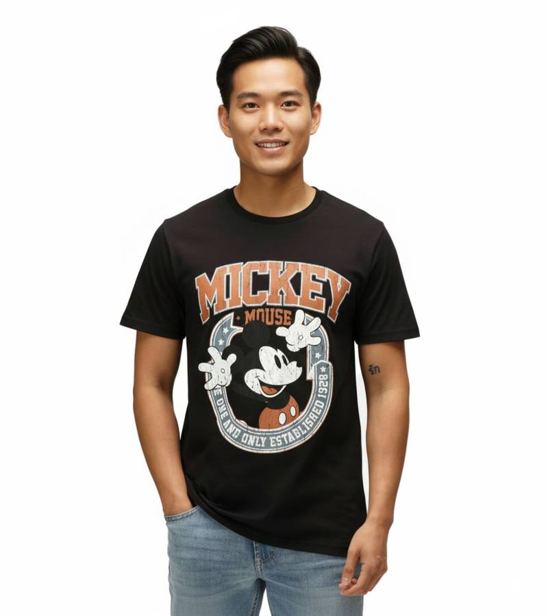 RE:COVERED X Disney Herren T-Shirt Mickey Mouse the one and only Print Baumwoll-Shirt Rundhals-Shirt RCDIF2051 Schwarz von RE:COVERED