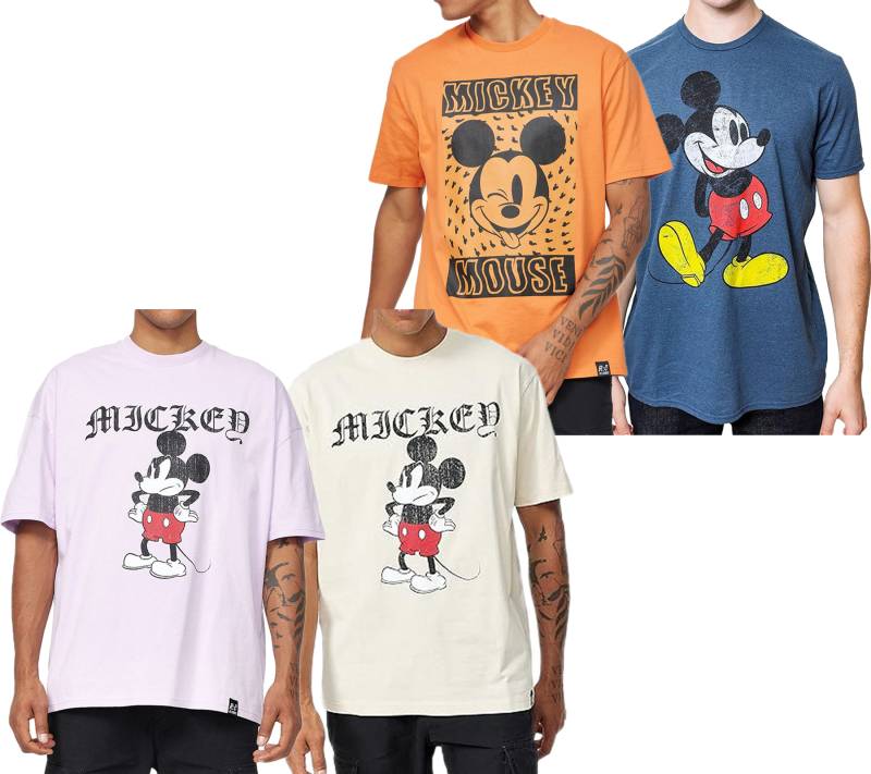 RE:COVERED X Disney Herren T-Shirt mit Grumpy Mickey Mouse Print Baumwoll-Shirt mit großem Schriftzug Rundhals-Shirt Beige, Blau, Violett oder Orange von RE:COVERED