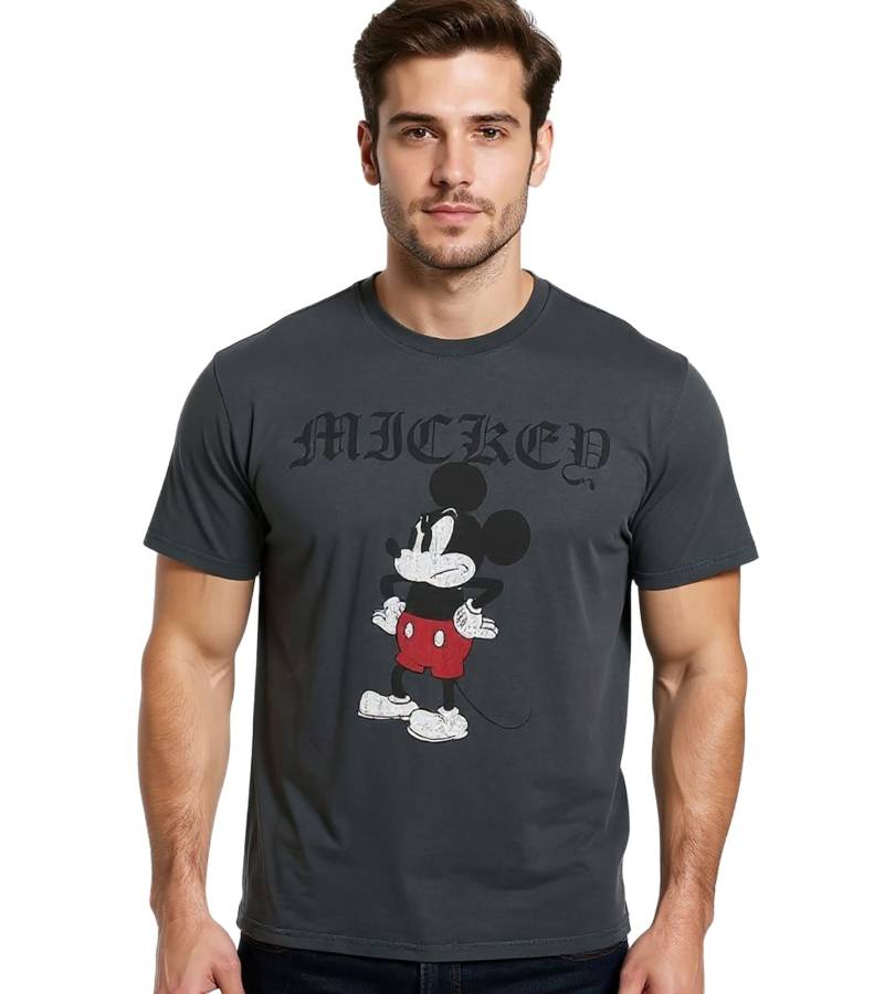 RE:COVERED X Disney Herren T-Shirt mit Grumpy Mickey Print Baumwoll-Shirt Rundhals-Shirt MMDIS2690B Grau von RE:COVERED