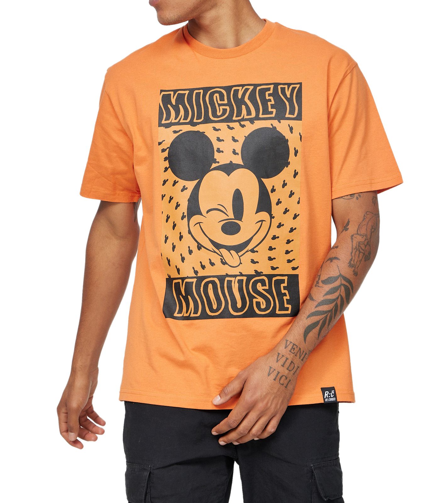 RE:COVERED X Disney Herren T-Shirt mit Trippy Mickey Mouse Print Baumwoll-Shirt Rundhals-Shirt MMDIS2680 Orange von RE:COVERED