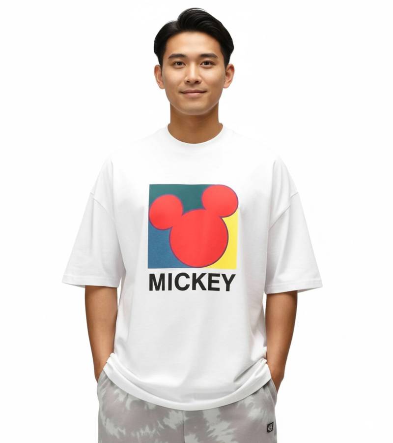 RE:COVERED X Disney Herren T-Shirt mit großem Mickey Mouse Print Baumwoll-Shirt Rundhals RCDIF2053 Weiß von RE:COVERED