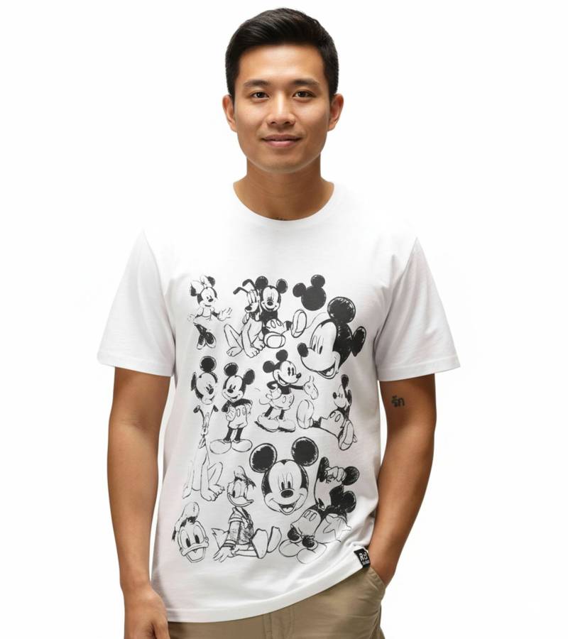 RE:COVERED X Disney Herren T-Shirt mit großem Mickey Mouse and Friends Print Baumwoll-Shirt Rundhals RCDIF2048 Weiß von RE:COVERED