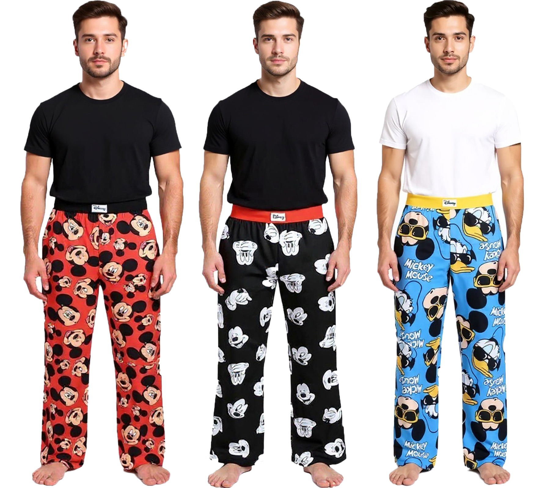 RE:COVERED X Disney Mickey Mouse Loungepants Herren Schlafanzug-Hose mit Disney Print Baumwolle Pyjama-Hose RCDIF210 Schwarz, Blau oder Rot von RE:COVERED