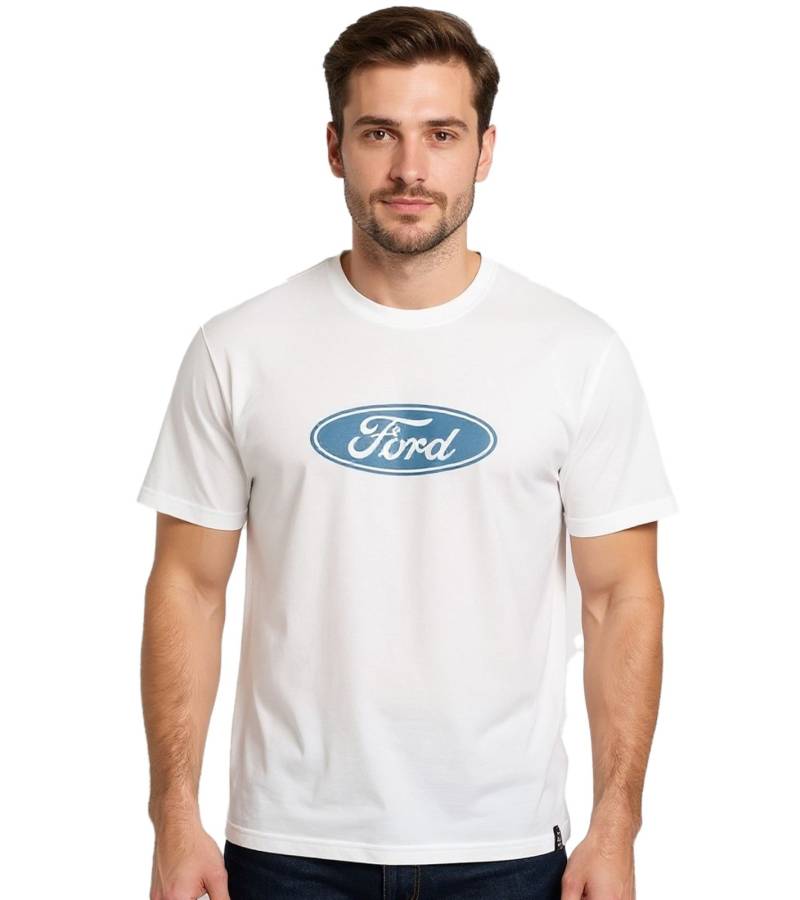 RE:COVERED X FORD Herren T-Shirt mit Ford Torino-Print Baumwoll-Shirt Rundhals-Shirt RCFRD504 Ecru-Weiß von RE:COVERED