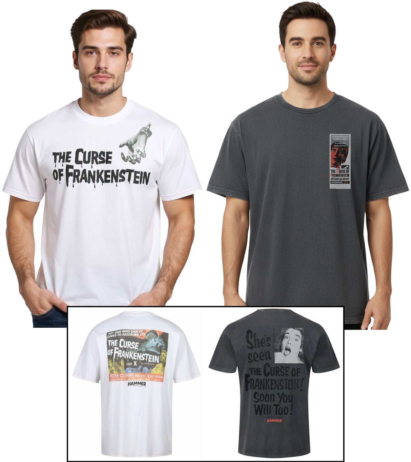 RE:COVERED X HAMMER Horror Herren T-Shirt Curse of Frankenstein Baumwoll-Shirt mit großem Rückenprint Rundhals-Shirt RCSTC1 in Weiß oder Schwarz von RE:COVERED