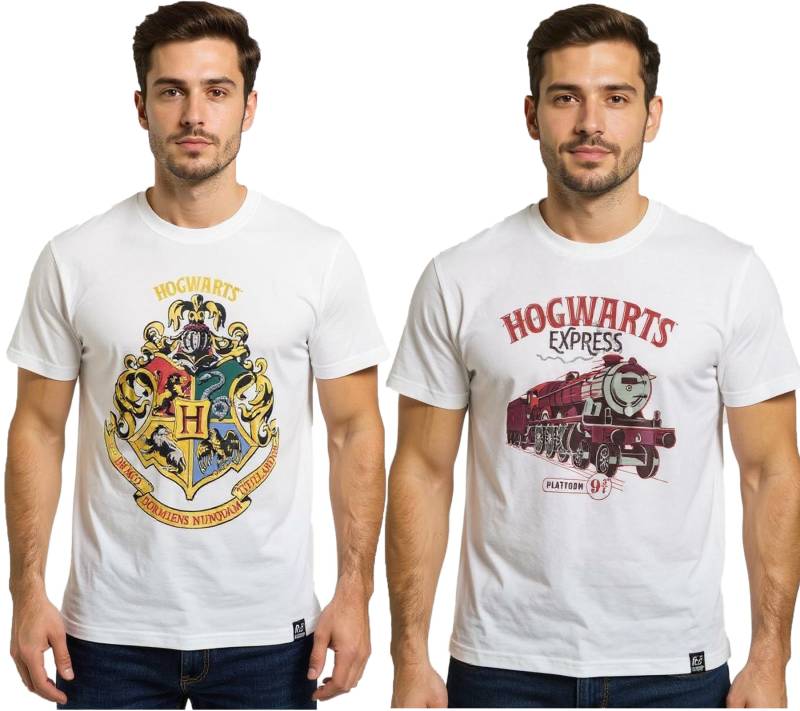 RE:COVERED X Harry Potter Herren T-Shirt Hogwarts House oder Hogwarts Express Baumwoll-Shirt Weiß von RE:COVERED