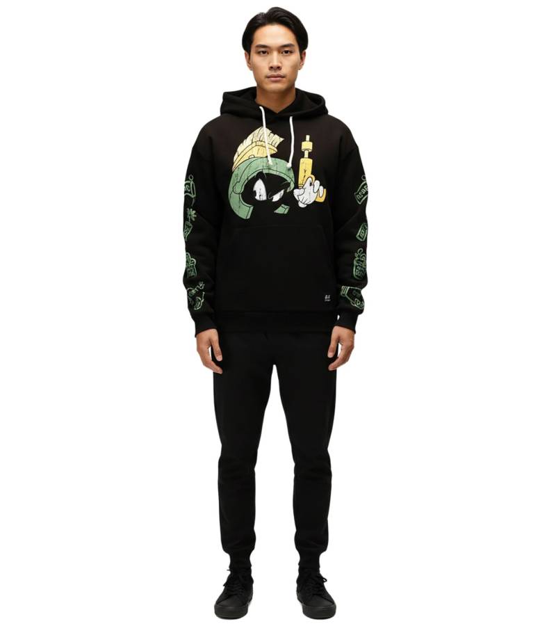 RE:COVERED X LOONEY TUNES Herren Kapuzen-Pullover mit Martian Marvin-Print Baumwoll-Hoody Langarm-Shirt RCWARN549 Schwarz von RE:COVERED