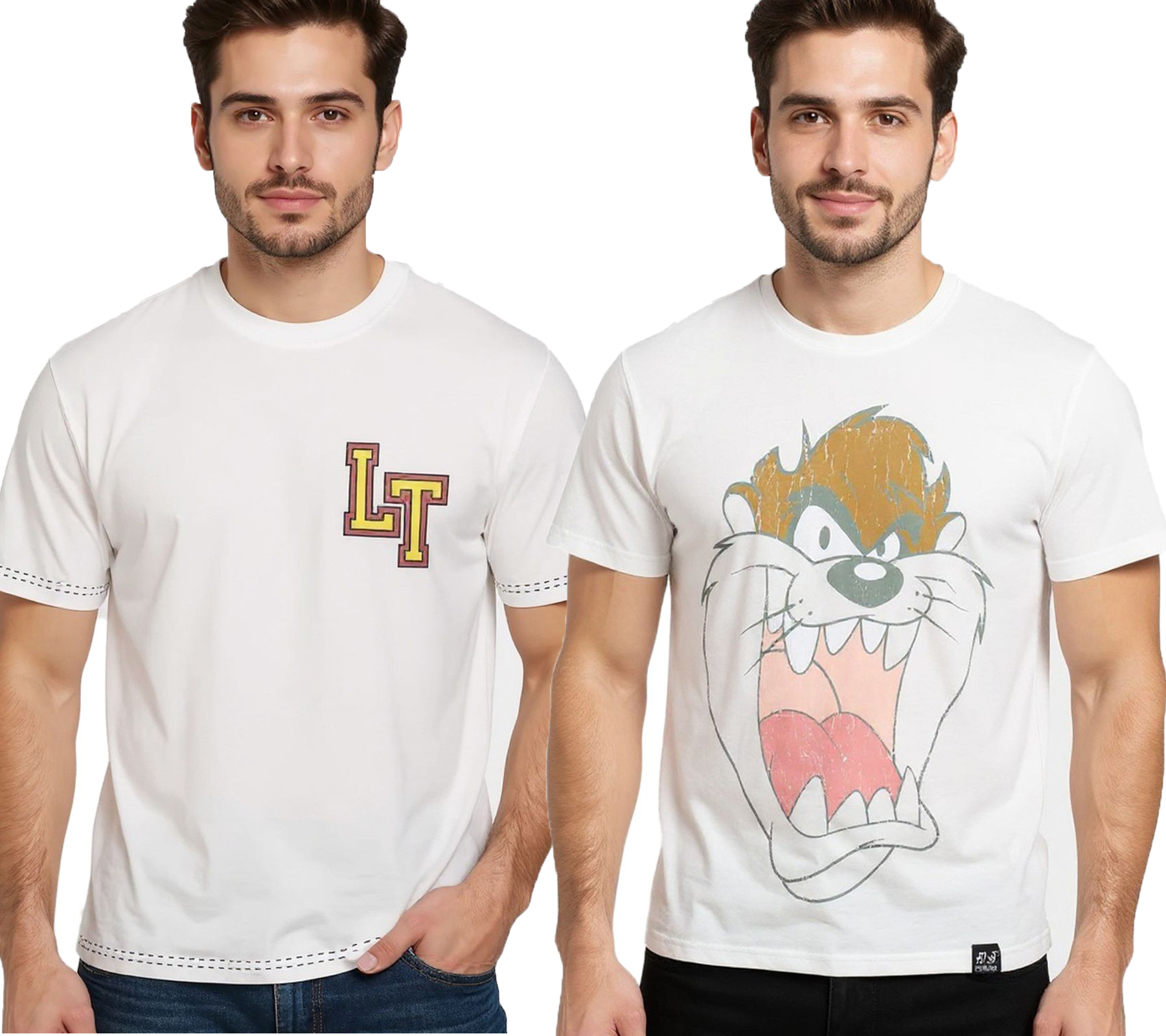RE:COVERED X LOONEY TUNES Herren T-Shirt mit Tasmanischer Teufel oder Basketball Print Baumwoll-Shirt Rundhals-Shirt Ecru-Weiß von RE:COVERED