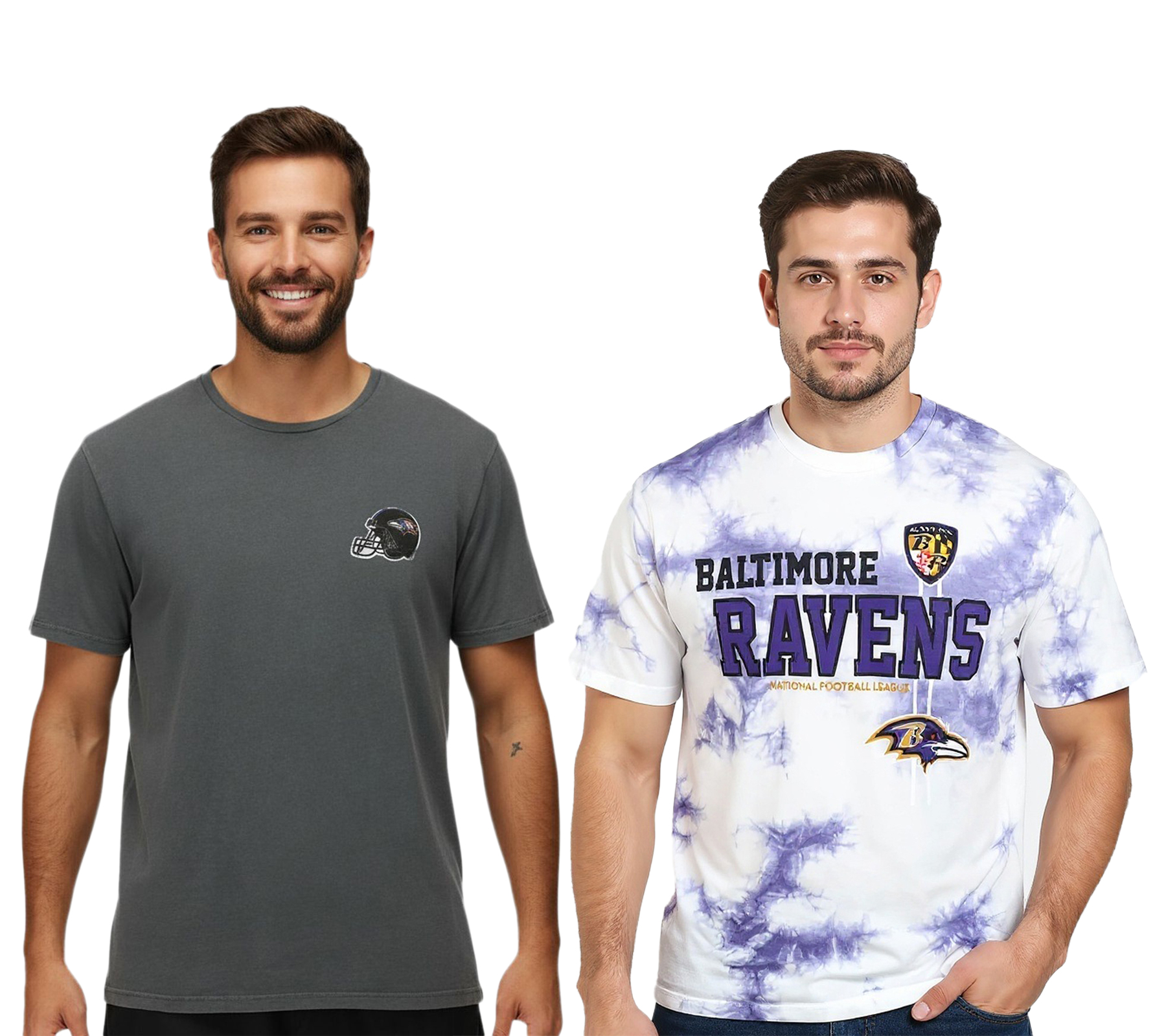RE:COVERED X NFL Baltimore Ravens Herren T-Shirt mit Football-Helm Baumwoll-Shirt Rundhals-Shirt RCNFL13 Grau Uni-Farben oder Lila/Weiß Batik-Muster von RE:COVERED